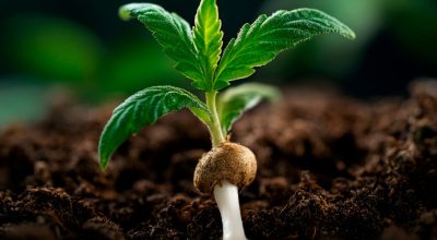 High-resolution image of a cannabis seedling at early seed germination stage, with a healthy white root tip and partial shell still attached.