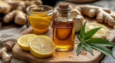 Cannabis tincture next to tea and ginger – natural setup exploring does weed cause gastritis