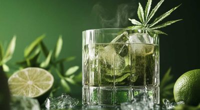 A realistic cannabis cocktail served in a glass with fresh cannabis leaves, lime slices, and crushed ice, perfect for cannabis cocktail lovers.