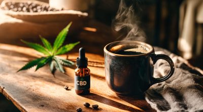 A tall glass of iced cold brew coffee with a swirl of CBD oil and a sprig of mint, illustrating a refreshing cannabidiol coffee recipe.