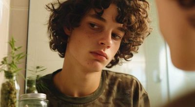 Person looking in mirror, examining hair with concern, wondering if smoking weed cause hair loss while holding a cannabis product.