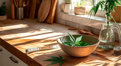 A fitness mat and dumbbells beside a cannabis leaf laid out on a workout bench, symbolizing combining exercise with weed and weight loss strategies.