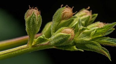 Close-up of male cannabis plant with pollen sacs – sexing cannabis plants early