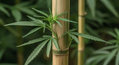 Broken cannabis plant stem repaired with tape and bamboo splint, showing how to fix a broken plant stem step by step