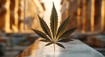 Greek flag with cannabis leaf overlayed near ancient architecture – is weed legal in Greece visual concept