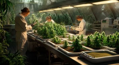 Seed breeding laboratory showing cannabis plants and breeders selecting traits