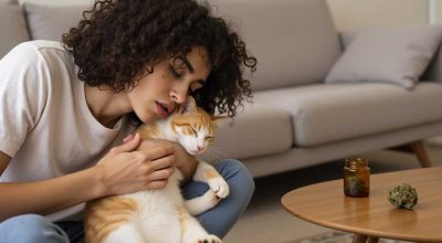 An emotional and informative image showing a cat exposed to cannabis, raising awareness about weed’s effects on pets and the importance of safe storage.