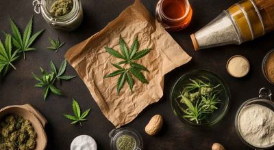 Close-up of cannabis buds and baking ingredients on a kitchen counter, showcasing the best strains for edibles.