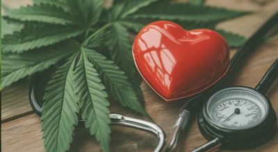 Medical illustration of cannabis and hypertension, featuring a cannabis leaf alongside a heart and blood pressure monitor.