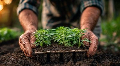 Hands gently transplanting cannabis seedlings into rich soil during the cannabis grow season, bathed in soft morning light