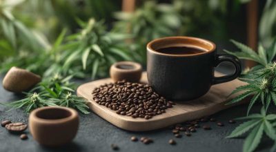Coffee grounds for cannabis cultivation used as organic fertilizer around healthy marijuana plants