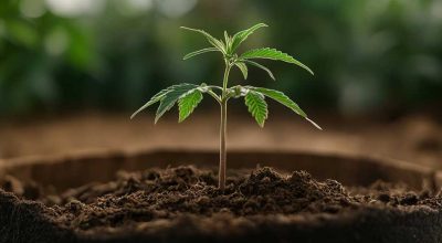 Maceta de tela negra destacada en primer plano con planta de cannabis autofloreciente
