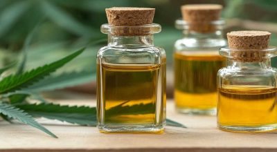 Close-up of a golden cannabis oil dropper bottle on wood surface, illustrating how to make cannabis oil at home