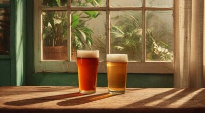 Close-up of a glass of thc beer and a glass of regular beer side by side in a relaxed setting.